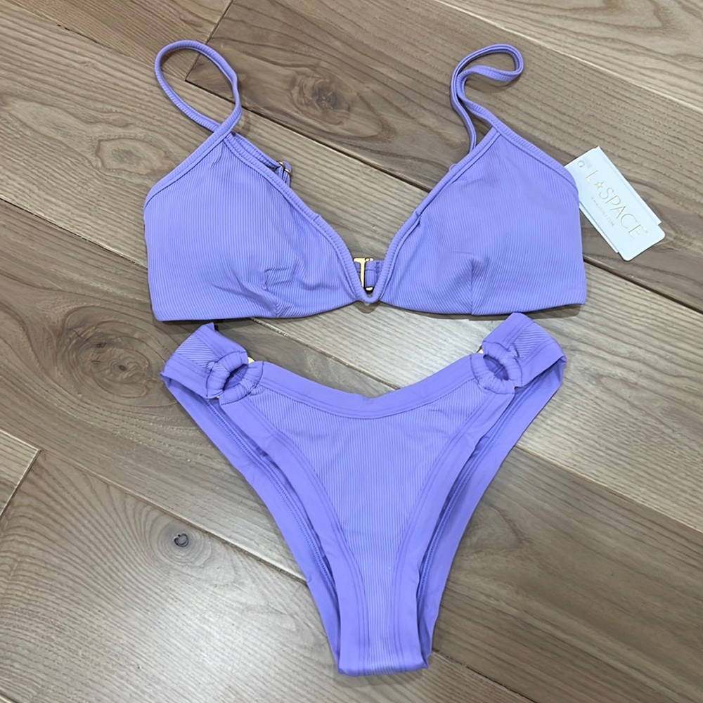 l*space Lilac Ribbed Ring-Detail Bikini Set
